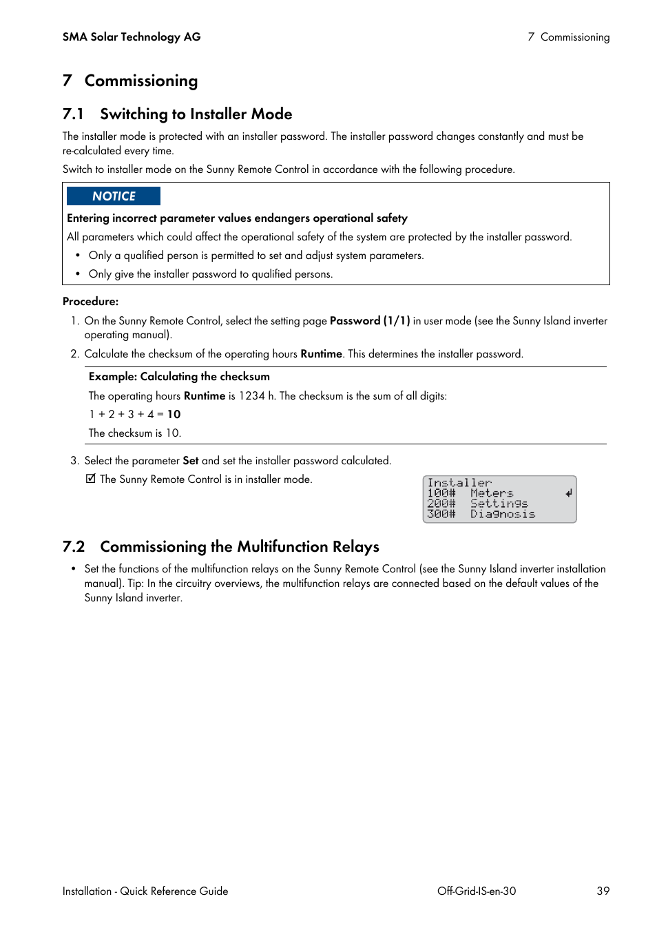 7 commissioning, 1 switching to installer mode, 2 commissioning the multifunction relays | SMA Off-Grid Systems User Manual | Page 39 / 48