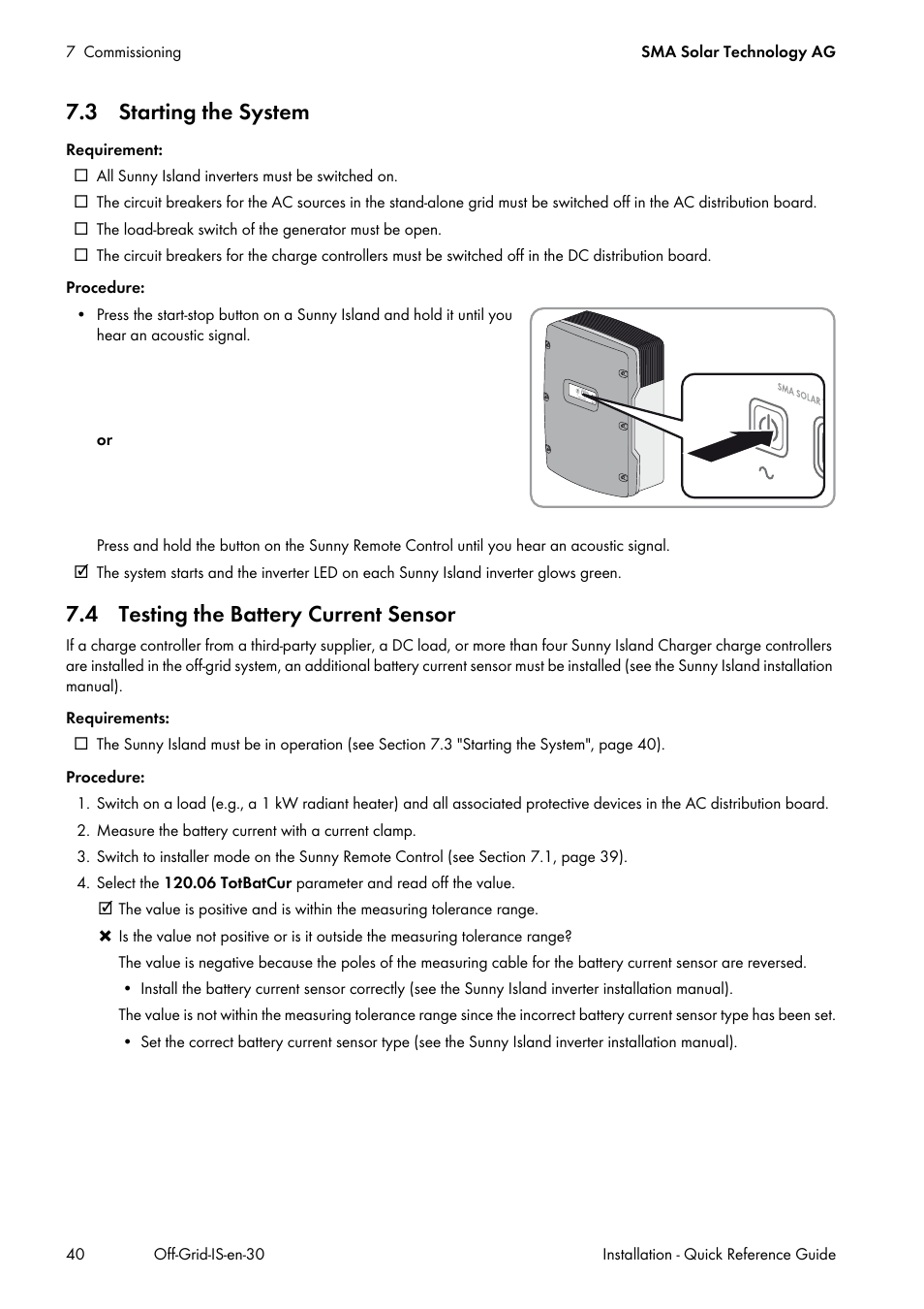 3 starting the system, 4 testing the battery current sensor | SMA Off-Grid Systems User Manual | Page 40 / 48