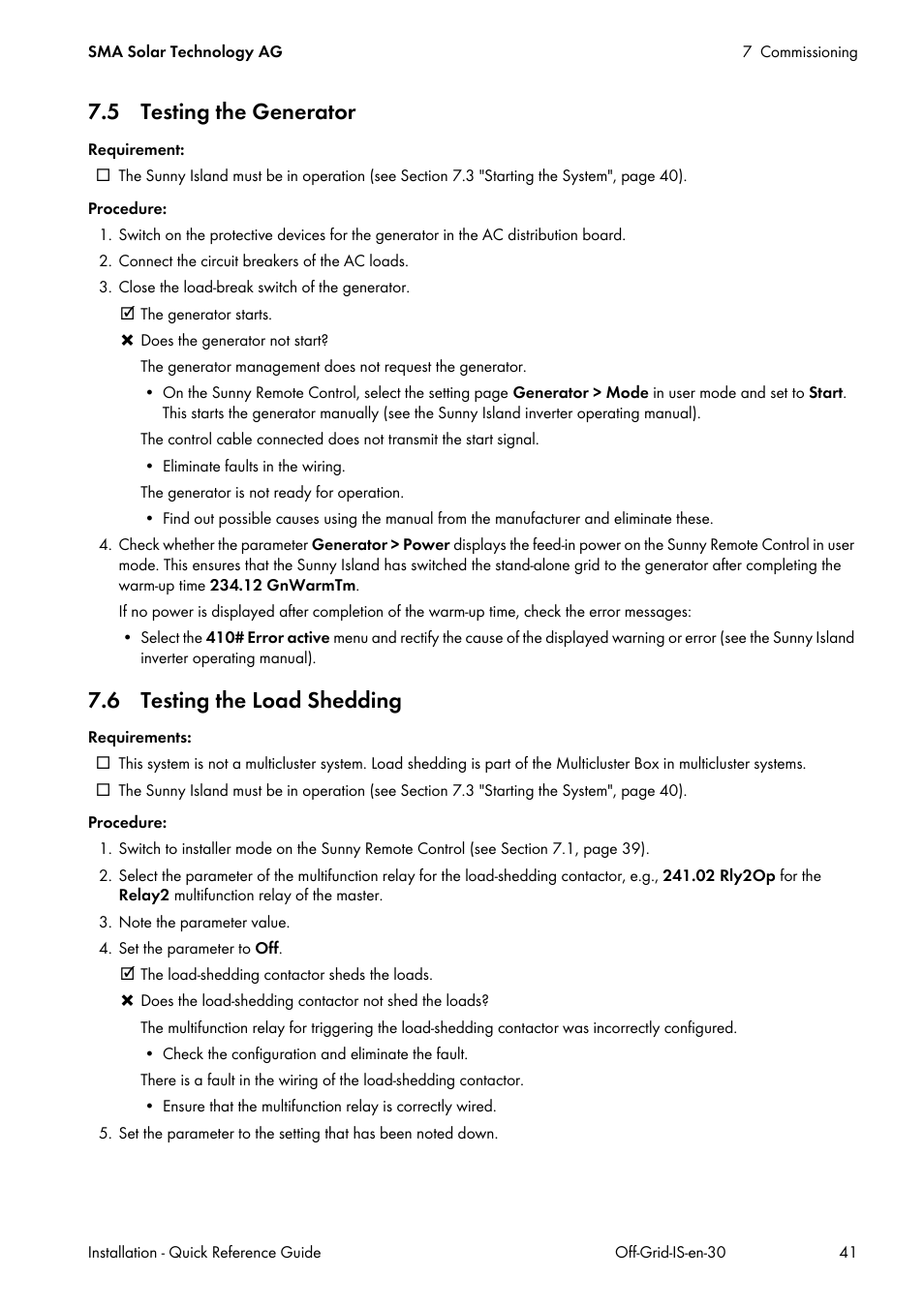 5 testing the generator, 6 testing the load shedding | SMA Off-Grid Systems User Manual | Page 41 / 48