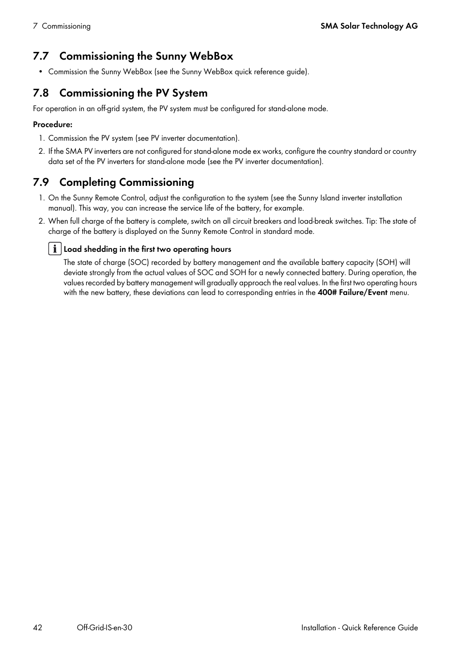 7 commissioning the sunny webbox, 8 commissioning the pv system, 9 completing commissioning | SMA Off-Grid Systems User Manual | Page 42 / 48