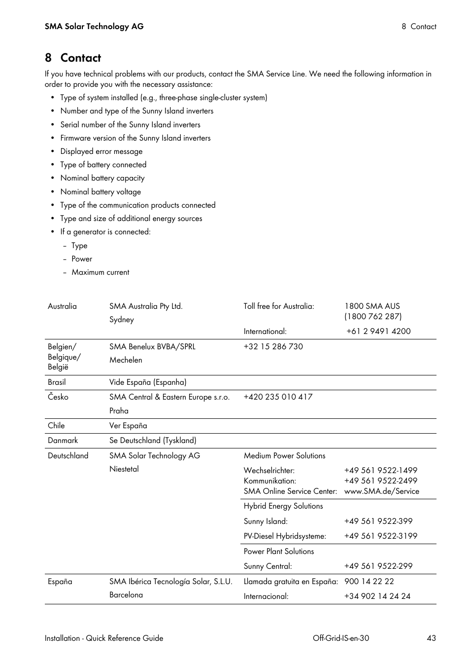 8 contact | SMA Off-Grid Systems User Manual | Page 43 / 48