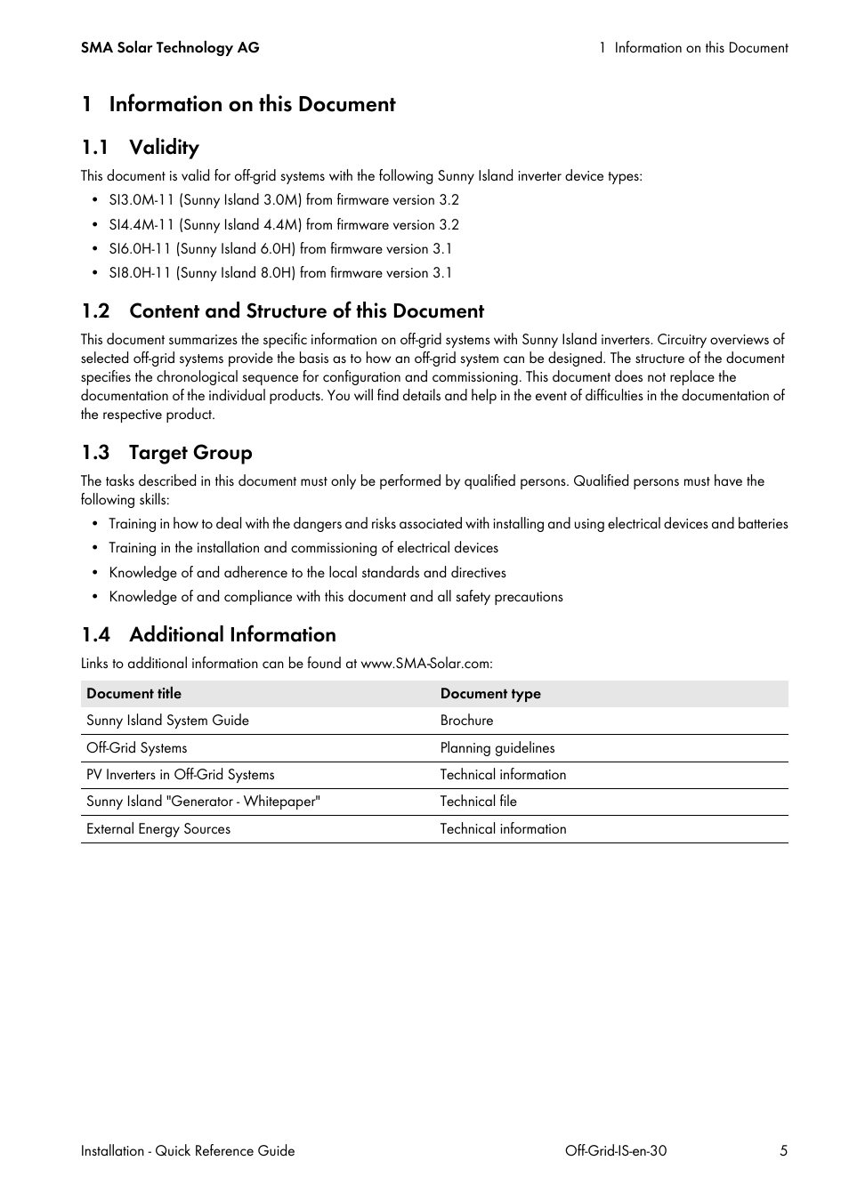 1 information on this document, 1 validity, 2 content and structure of this document | 3 target group, 4 additional information | SMA Off-Grid Systems User Manual | Page 5 / 48