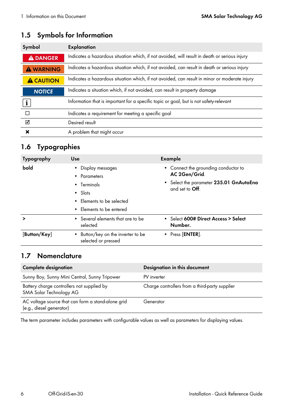 5 symbols for information, 6 typographies, 7 nomenclature | SMA Off-Grid Systems User Manual | Page 6 / 48