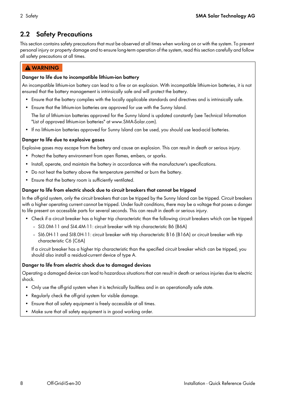 2 safety precautions | SMA Off-Grid Systems User Manual | Page 8 / 48