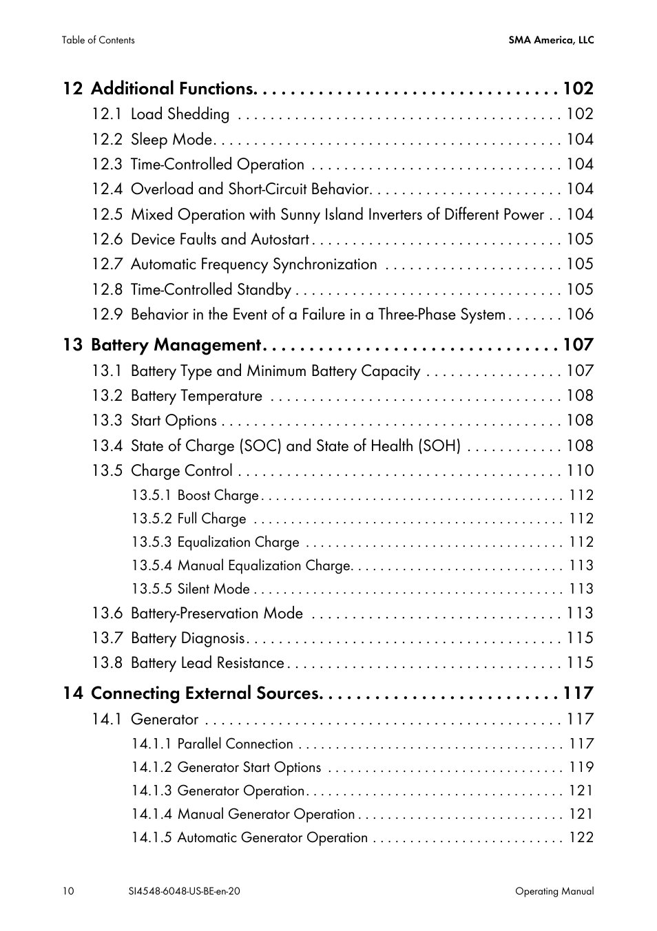 12 additional functions, 13 battery management, 14 connecting external sources | SMA SI 4548-US User Manual | Page 10 / 244