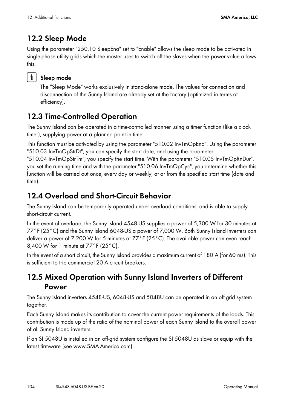 2 sleep mode, 3 time-controlled operation, 4 overload and short-circuit behavior | SMA SI 4548-US User Manual | Page 104 / 244