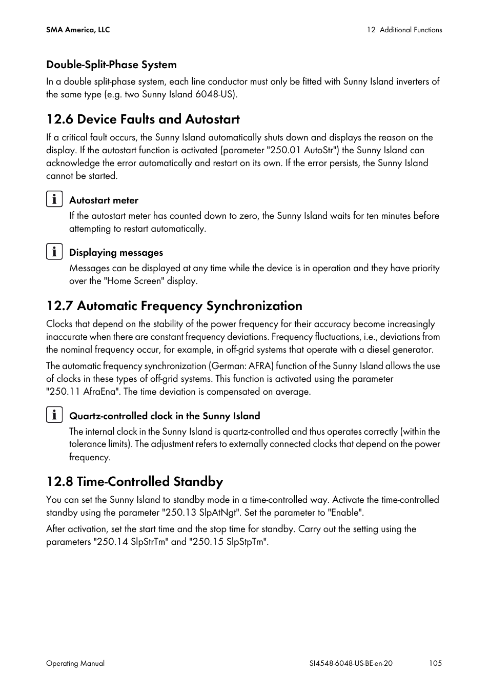 6 device faults and autostart, 7 automatic frequency synchronization, 8 time-controlled standby | SMA SI 4548-US User Manual | Page 105 / 244