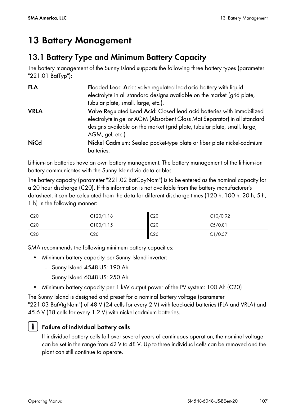 13 battery management, 1 battery type and minimum battery capacity | SMA SI 4548-US User Manual | Page 107 / 244