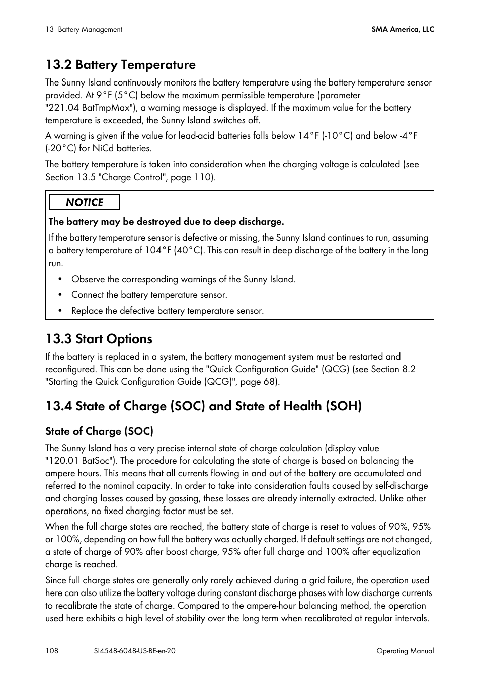 2 battery temperature, 3 start options, 4 state of charge (soc) and state of health (soh) | SMA SI 4548-US User Manual | Page 108 / 244