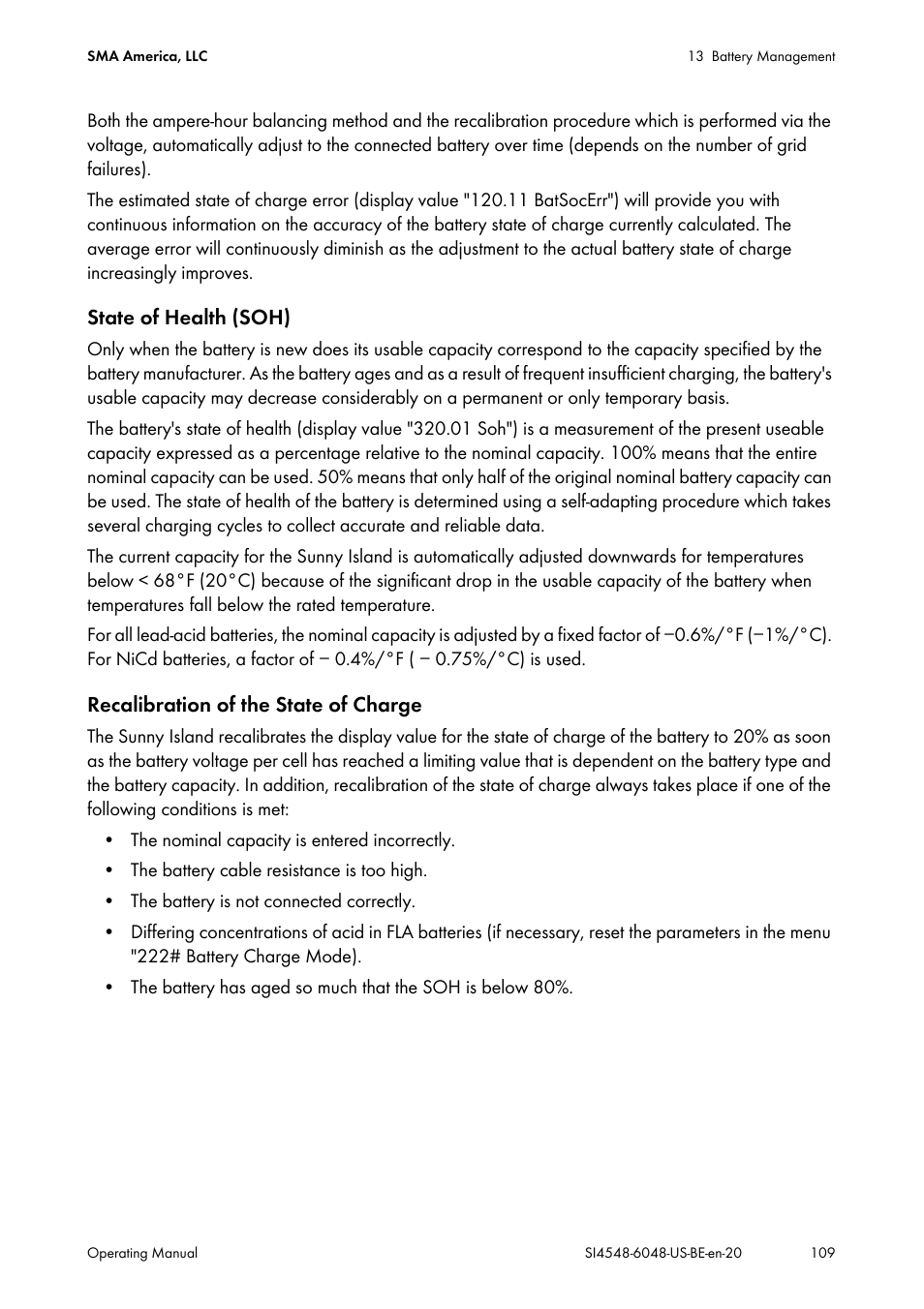 State of health (soh), Recalibration of the state of charge | SMA SI 4548-US User Manual | Page 109 / 244