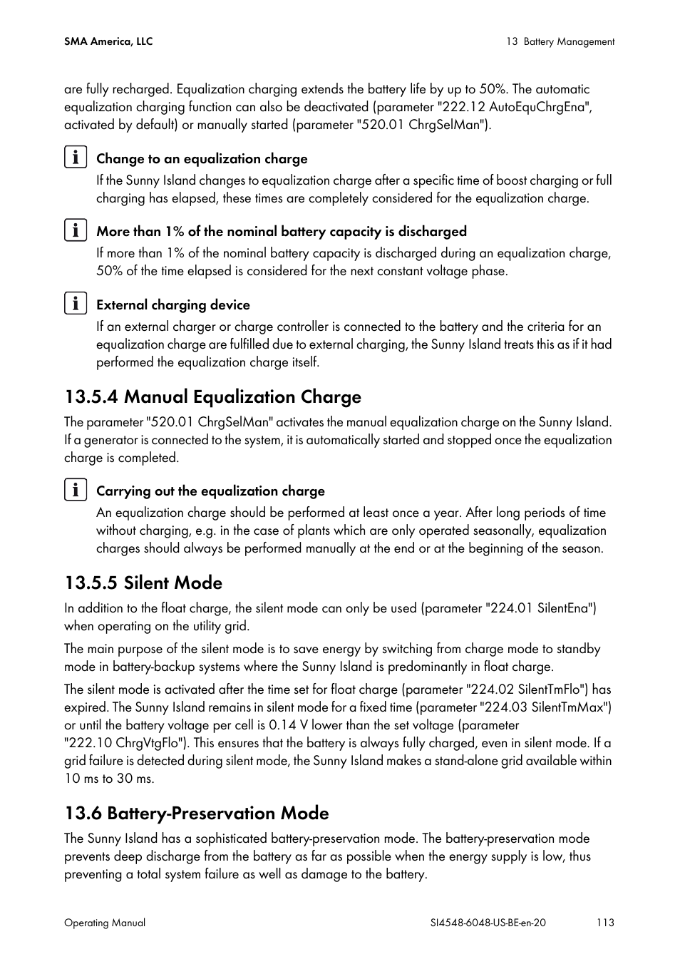 4 manual equalization charge, 5 silent mode, 6 battery-preservation mode | 4 manual equalization charge 13.5.5 silent mode | SMA SI 4548-US User Manual | Page 113 / 244