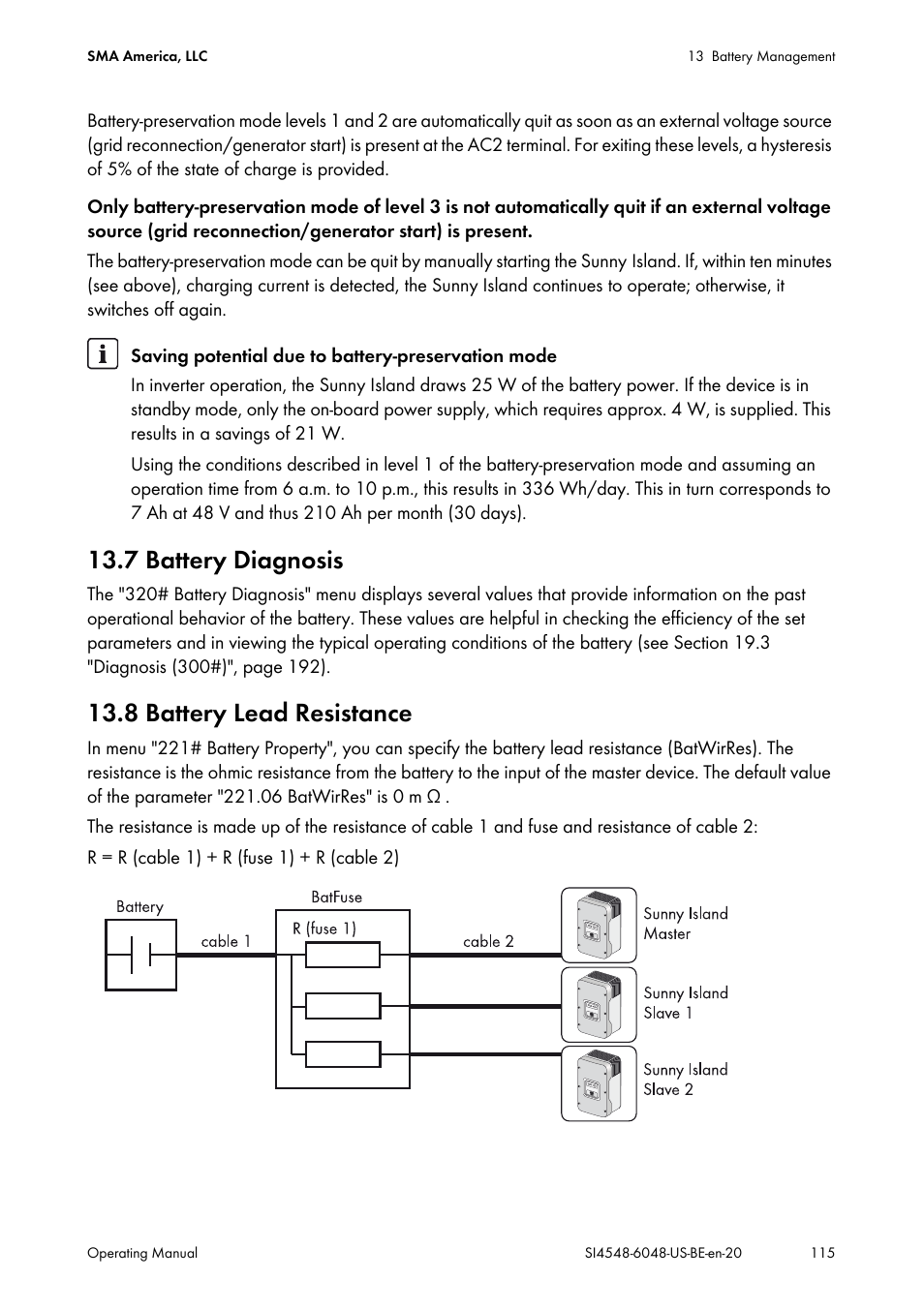 7 battery diagnosis, 8 battery lead resistance, 7 battery diagnosis 13.8 battery lead resistance | SMA SI 4548-US User Manual | Page 115 / 244