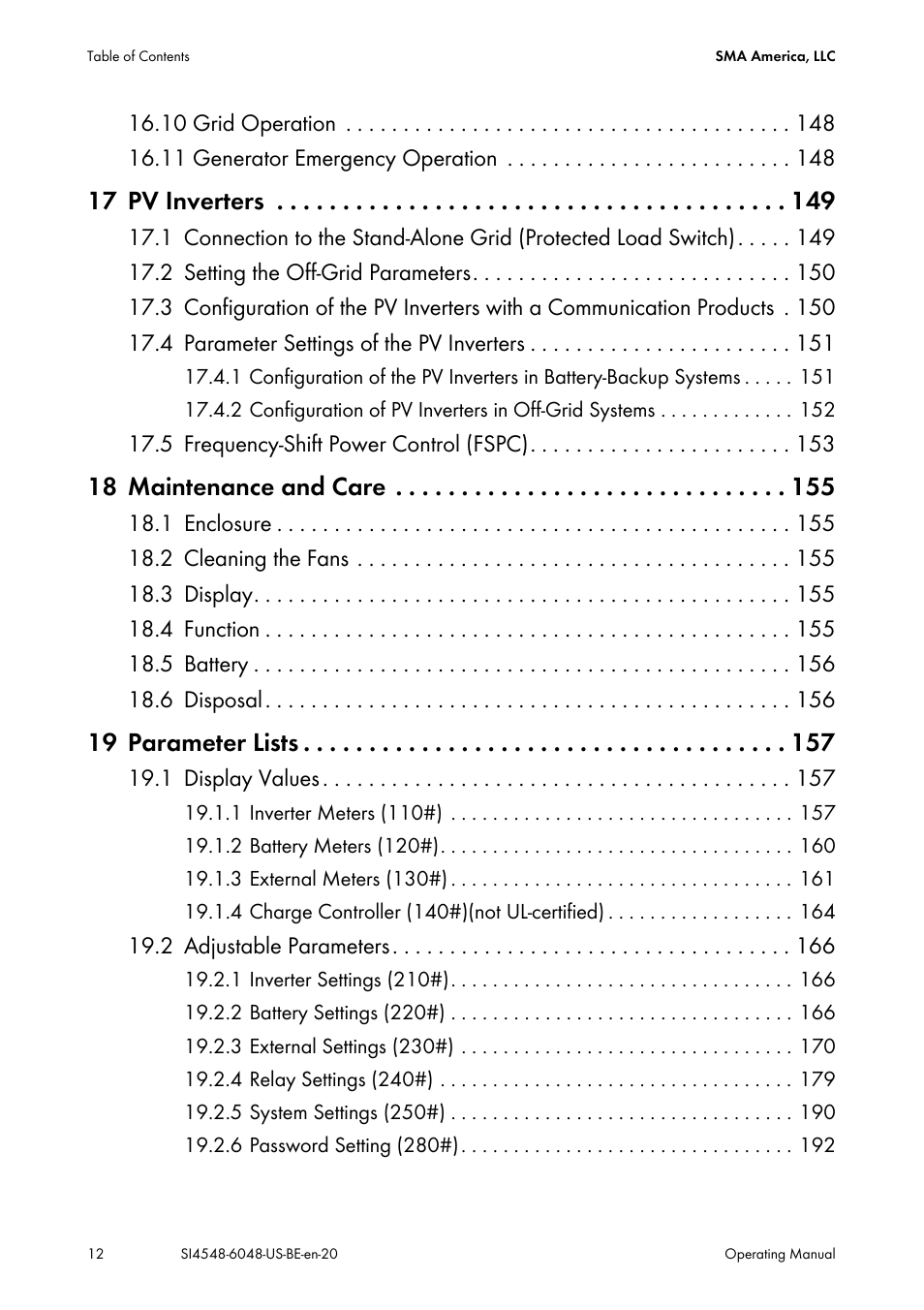 17 pv inverters, 18 maintenance and care, 19 parameter lists | SMA SI 4548-US User Manual | Page 12 / 244