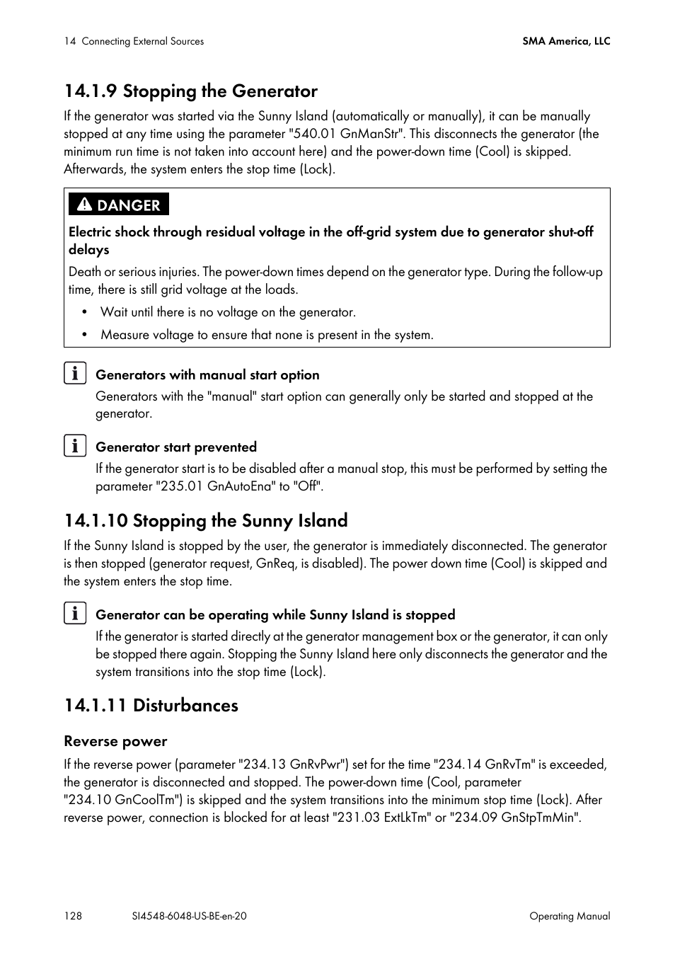 9 stopping the generator, 10 stopping the sunny island, 11 disturbances | SMA SI 4548-US User Manual | Page 128 / 244