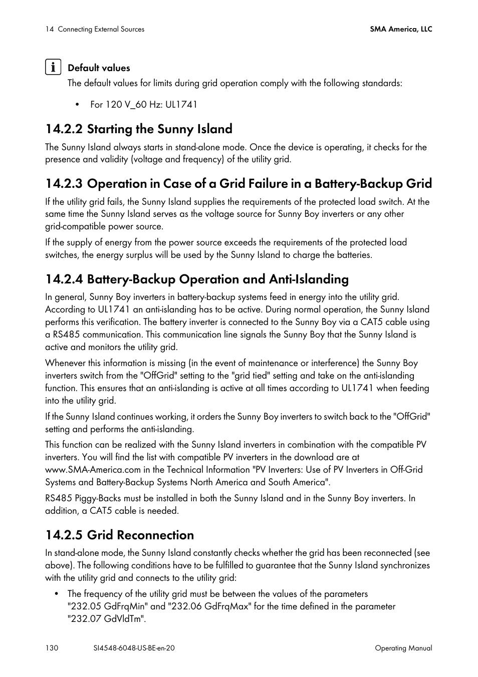 2 starting the sunny island, 4 battery-backup operation and anti-islanding, 5 grid reconnection | SMA SI 4548-US User Manual | Page 130 / 244