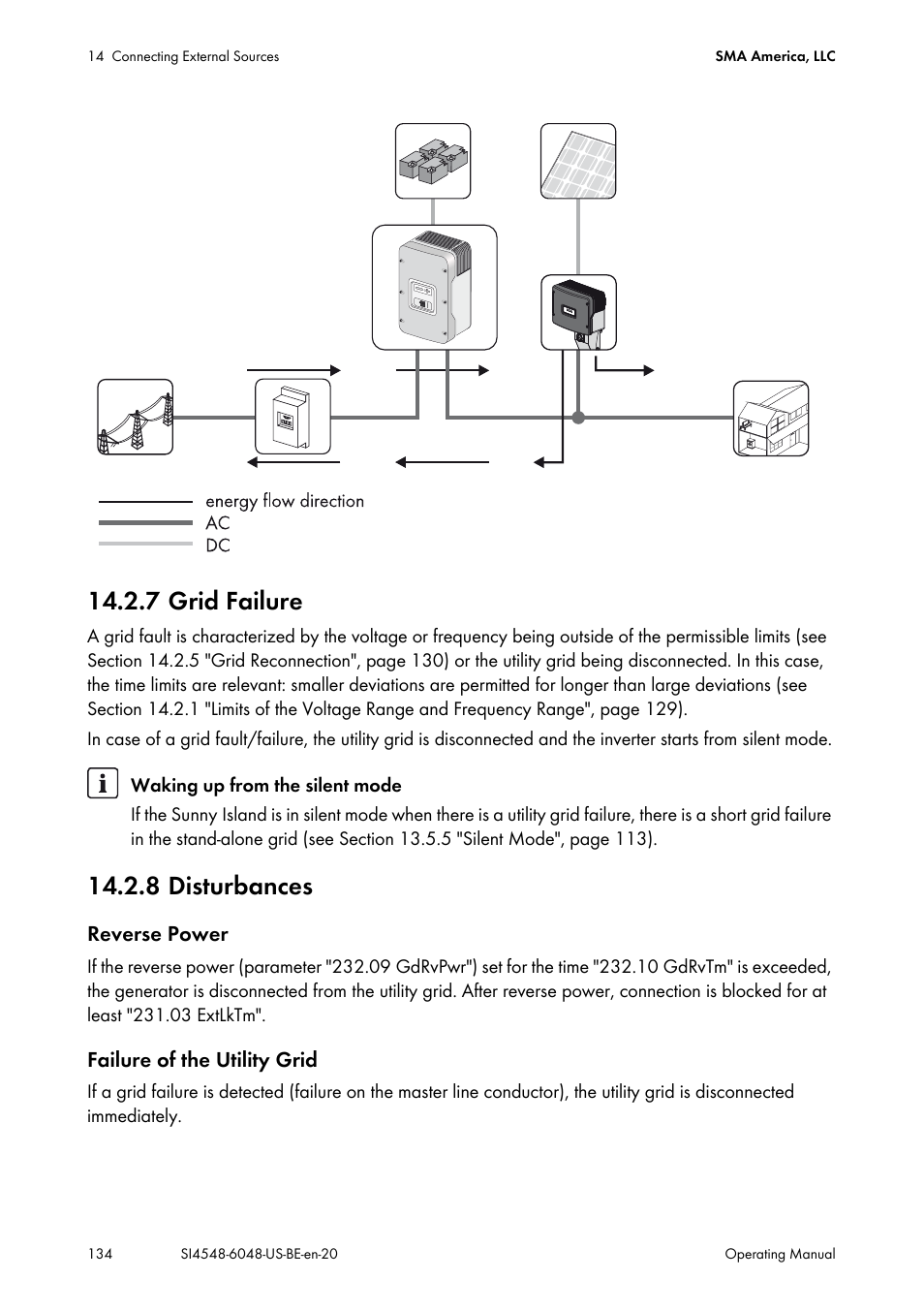 7 grid failure, 8 disturbances, 7 grid failure 14.2.8 disturbances | SMA SI 4548-US User Manual | Page 134 / 244