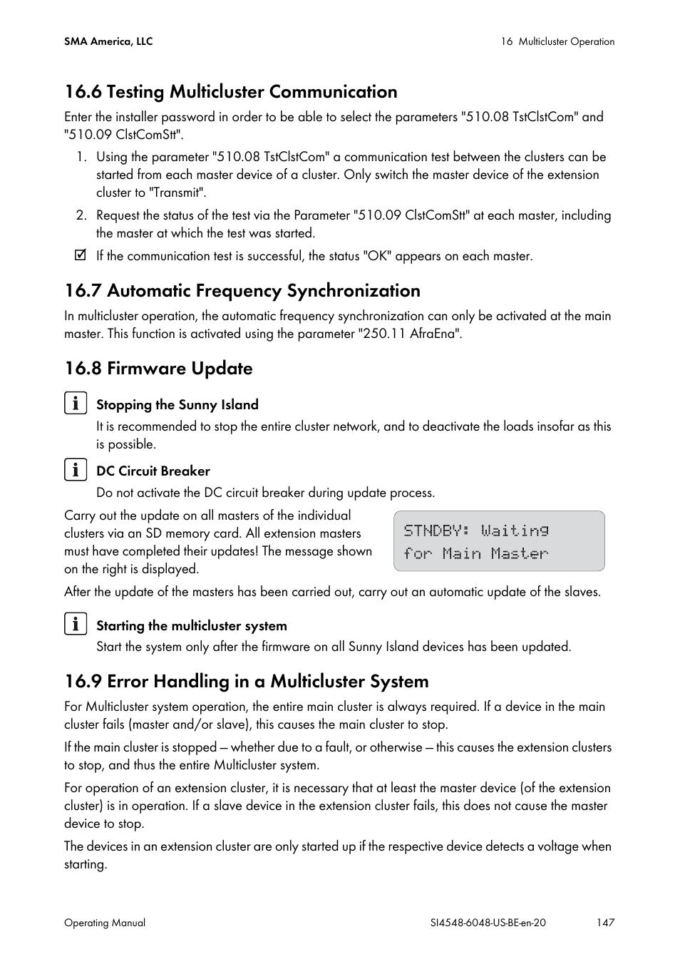 6 testing multicluster communication, 7 automatic frequency synchronization, 8 firmware update | 9 error handling in a multicluster system | SMA SI 4548-US User Manual | Page 147 / 244