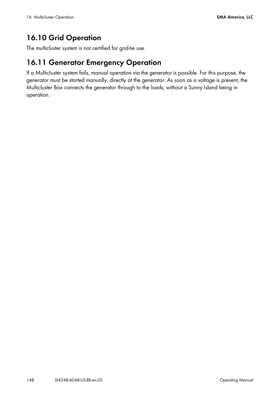 10 grid operation, 11 generator emergency operation | SMA SI 4548-US User Manual | Page 148 / 244
