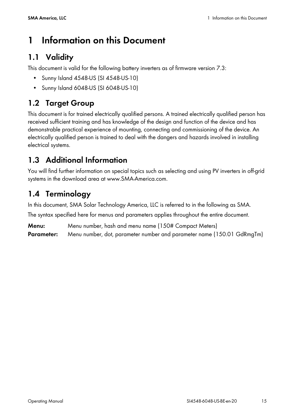 1 information on this document, 1 validity, 2 target group | 3 additional information, 4 terminology | SMA SI 4548-US User Manual | Page 15 / 244