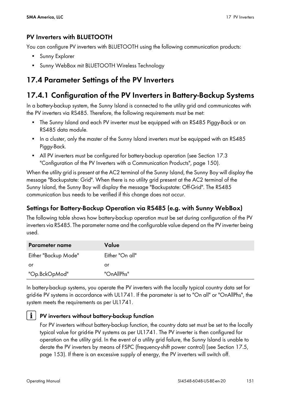 4 parameter settings of the pv inverters | SMA SI 4548-US User Manual | Page 151 / 244