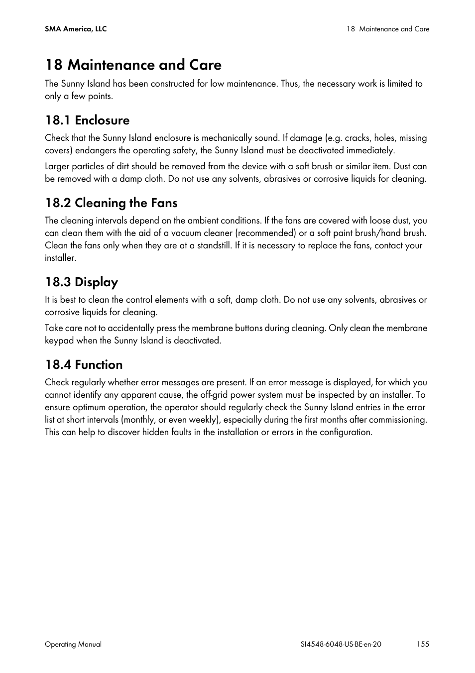 18 maintenance and care, 1 enclosure, 2 cleaning the fans | 3 display, 4 function | SMA SI 4548-US User Manual | Page 155 / 244