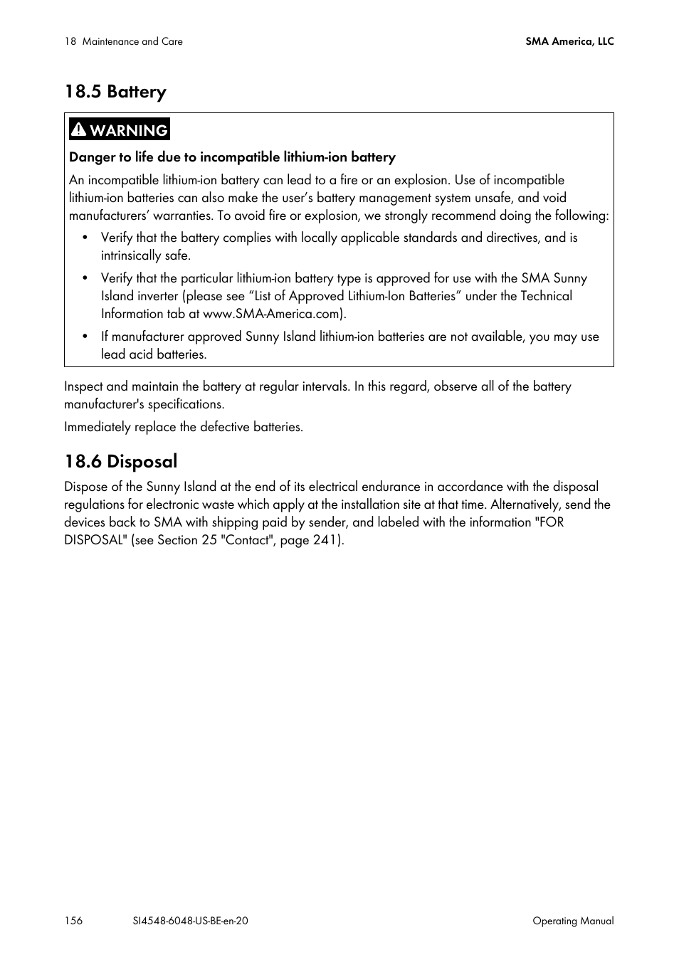 5 battery, 6 disposal, 5 battery 18.6 disposal | SMA SI 4548-US User Manual | Page 156 / 244