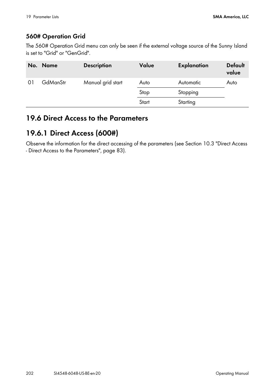 6 direct access to the parameters, 1 direct access (600#) | SMA SI 4548-US User Manual | Page 202 / 244