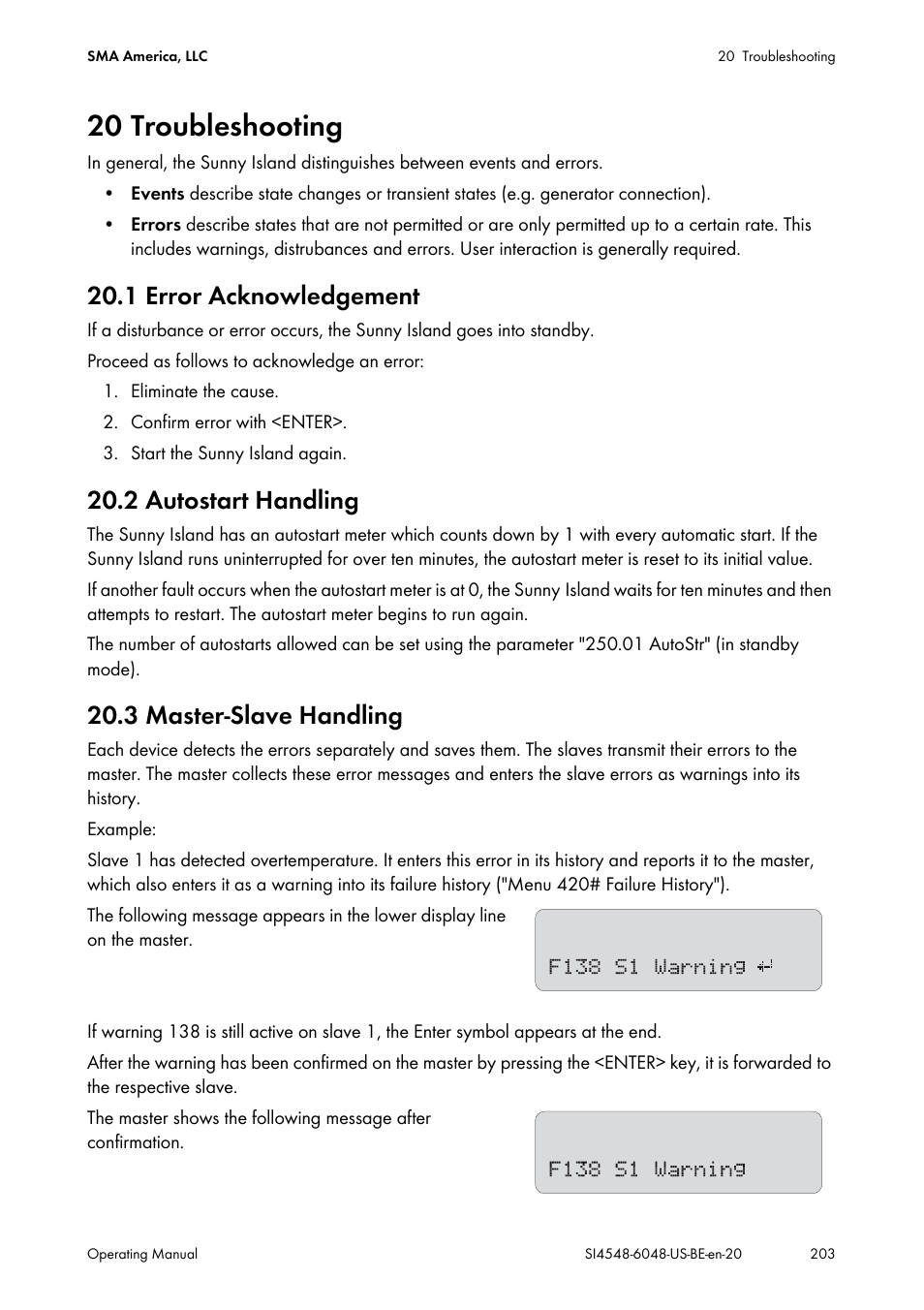20 troubleshooting, 1 error acknowledgement, 2 autostart handling | 3 master-slave handling | SMA SI 4548-US User Manual | Page 203 / 244