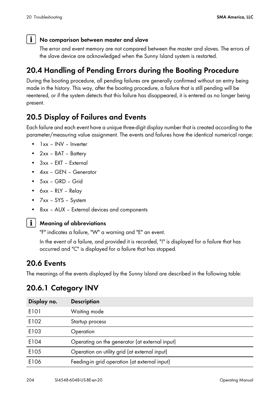 5 display of failures and events, 6 events, 1 category inv | SMA SI 4548-US User Manual | Page 204 / 244