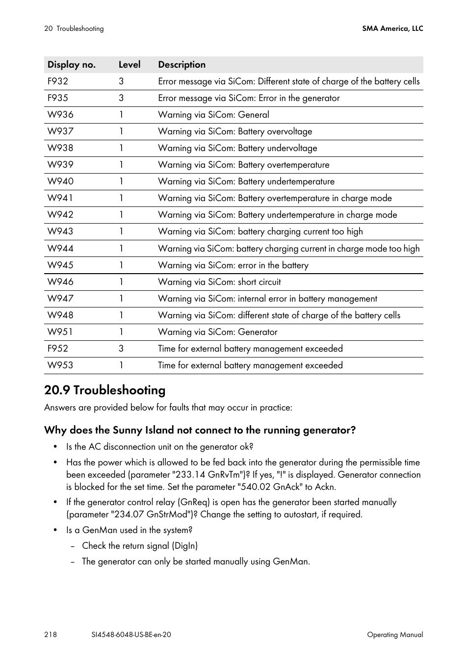 9 troubleshooting | SMA SI 4548-US User Manual | Page 218 / 244