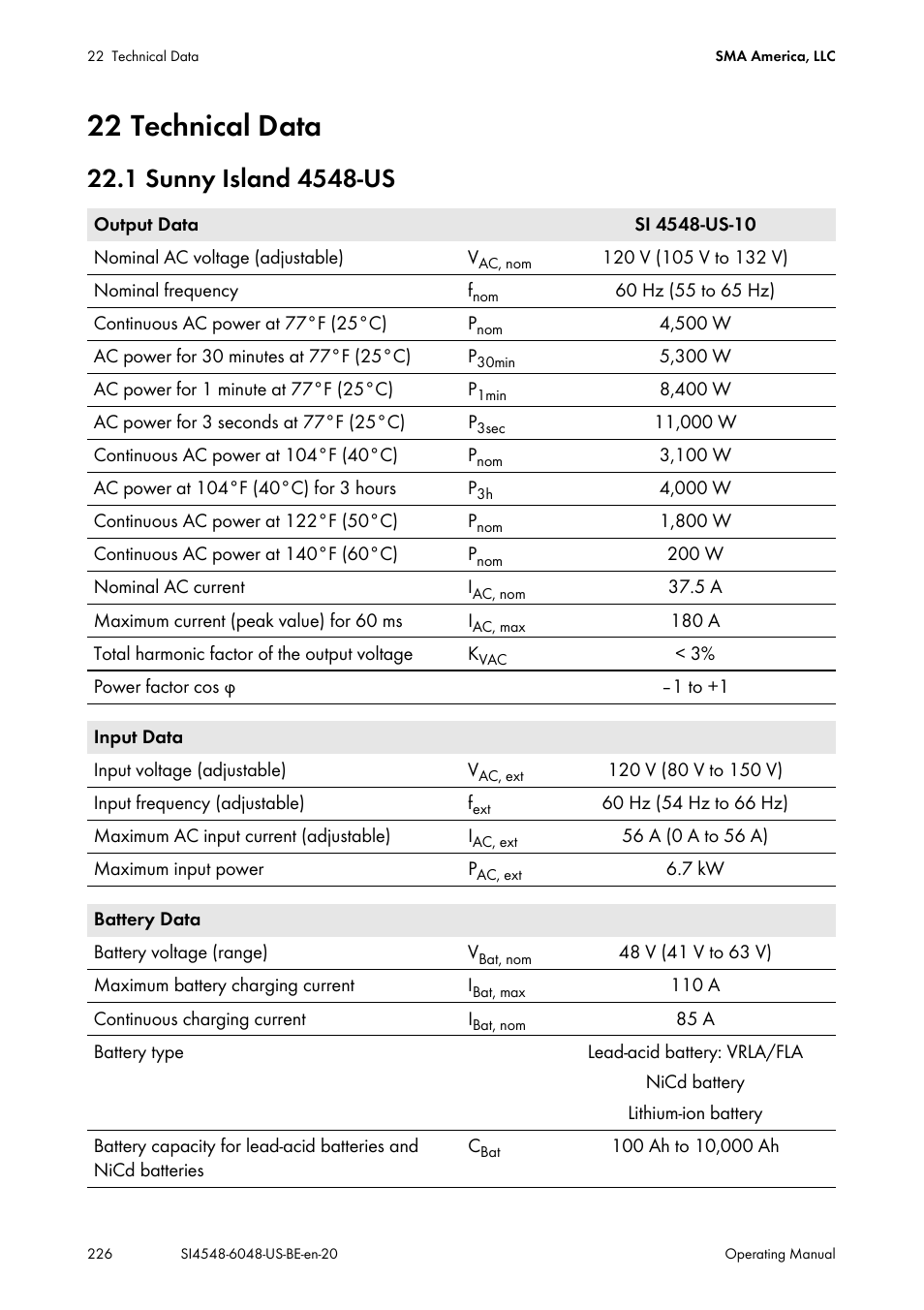 22 technical data, 1 sunny island 4548-us | SMA SI 4548-US User Manual | Page 226 / 244