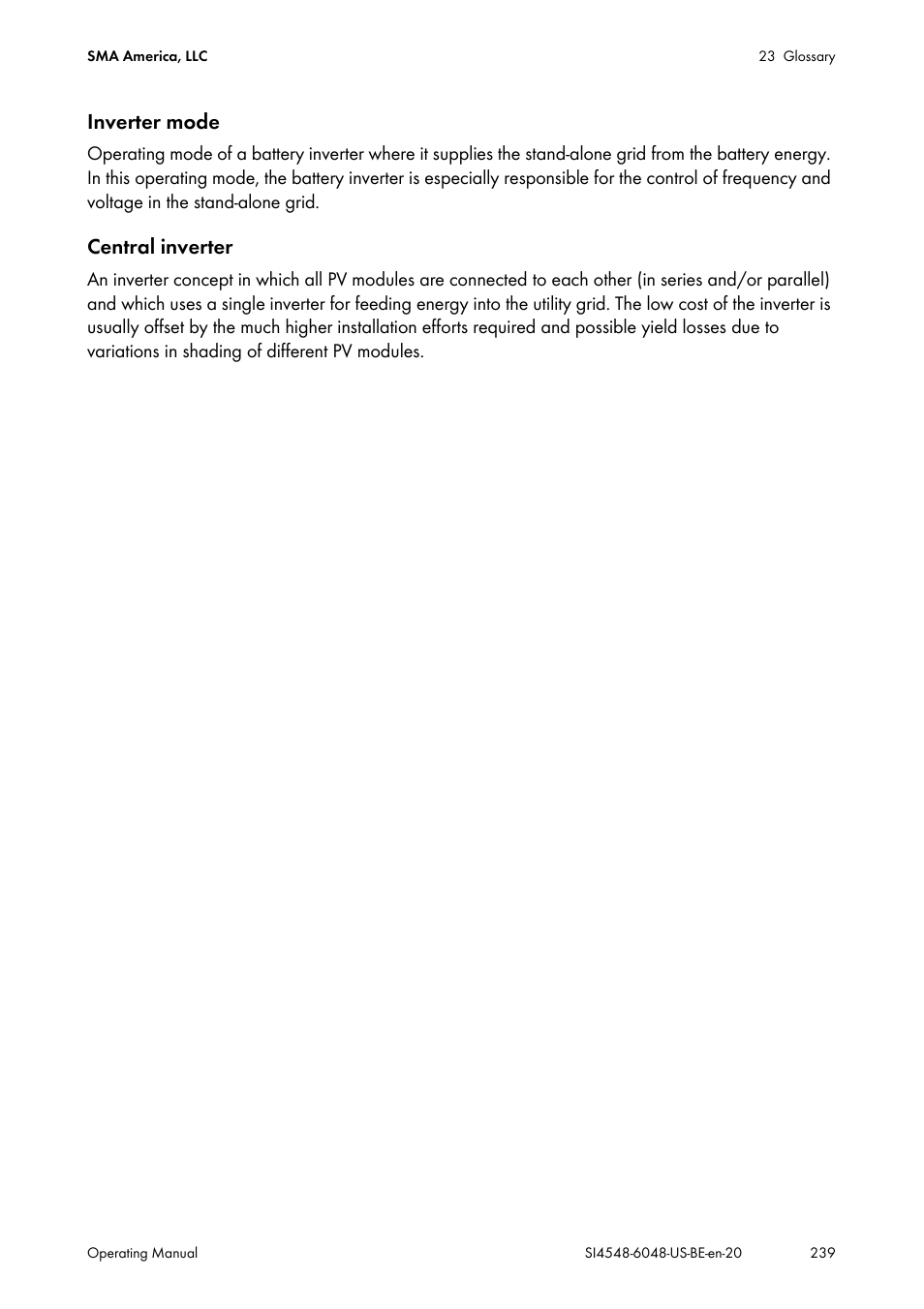 Inverter mode, Central inverter | SMA SI 4548-US User Manual | Page 239 / 244