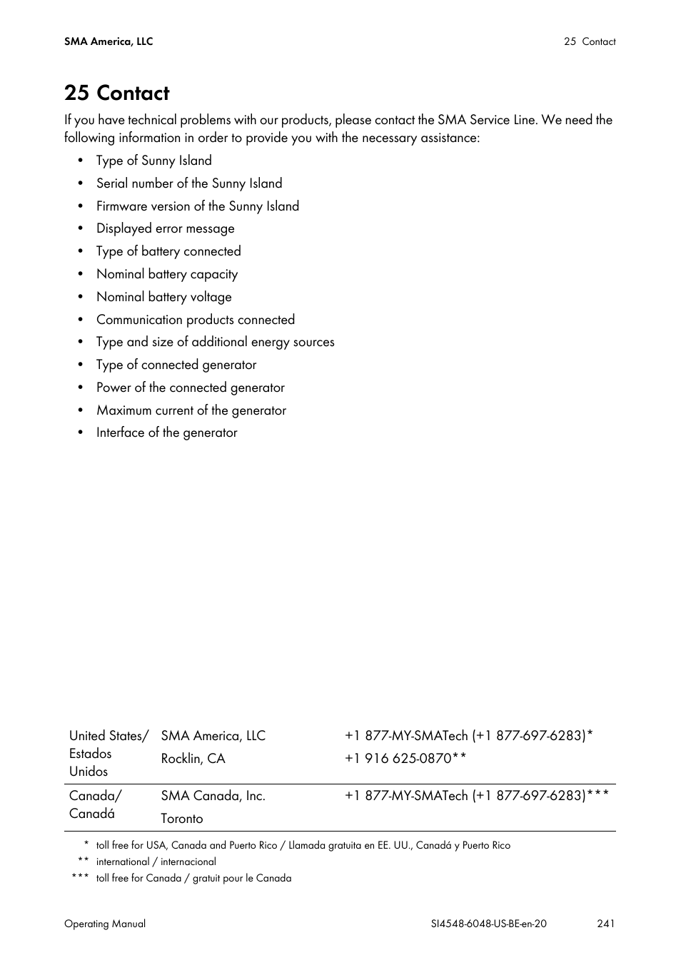 25 contact | SMA SI 4548-US User Manual | Page 241 / 244