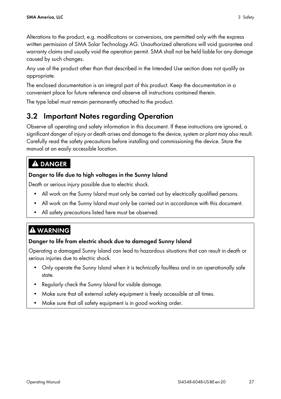 2 important notes regarding operation | SMA SI 4548-US User Manual | Page 27 / 244