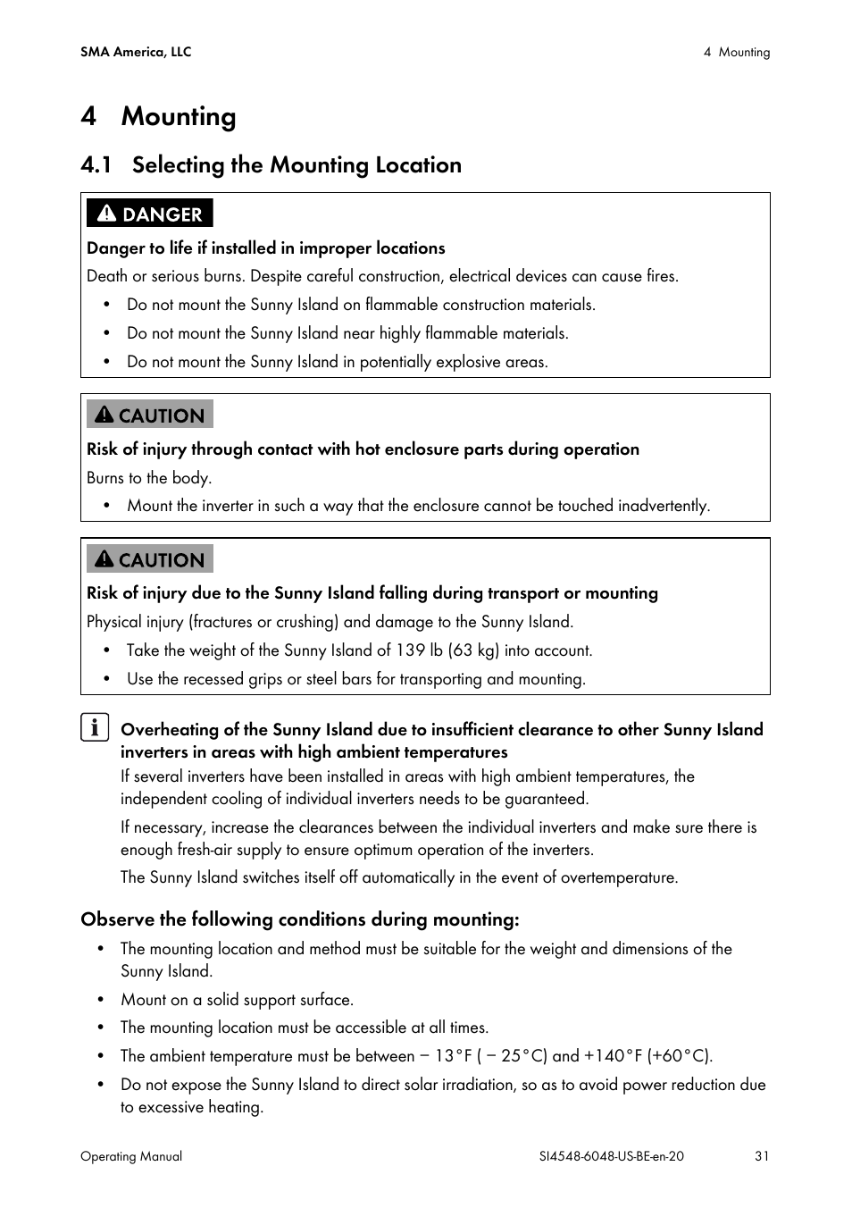 4 mounting, 1 selecting the mounting location | SMA SI 4548-US User Manual | Page 31 / 244