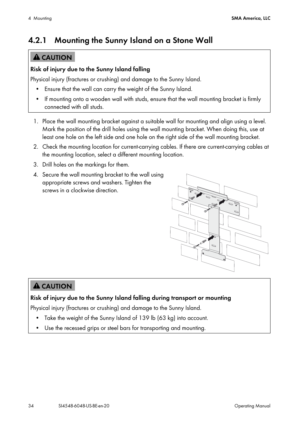1 mounting the sunny island on a stone wall | SMA SI 4548-US User Manual | Page 34 / 244