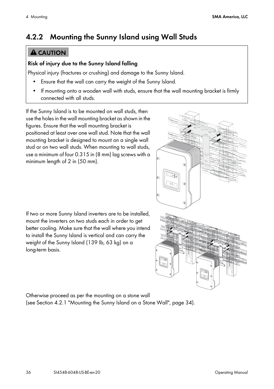 2 mounting the sunny island using wall studs | SMA SI 4548-US User Manual | Page 36 / 244