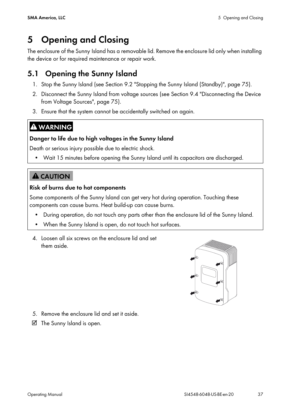 5 opening and closing, 1 opening the sunny island | SMA SI 4548-US User Manual | Page 37 / 244