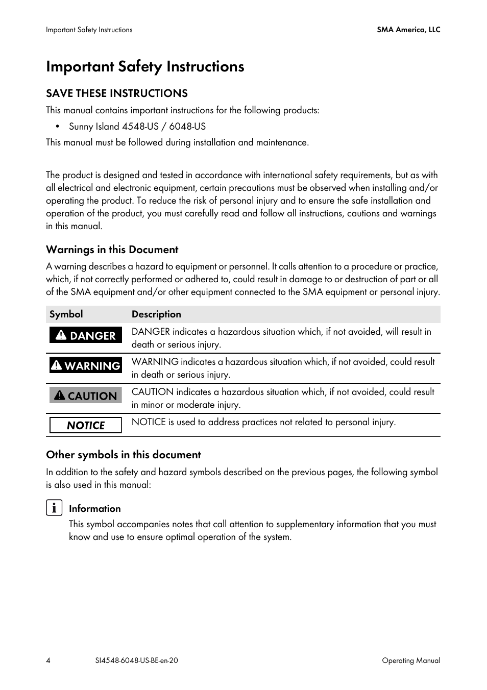 Important safety instructions | SMA SI 4548-US User Manual | Page 4 / 244