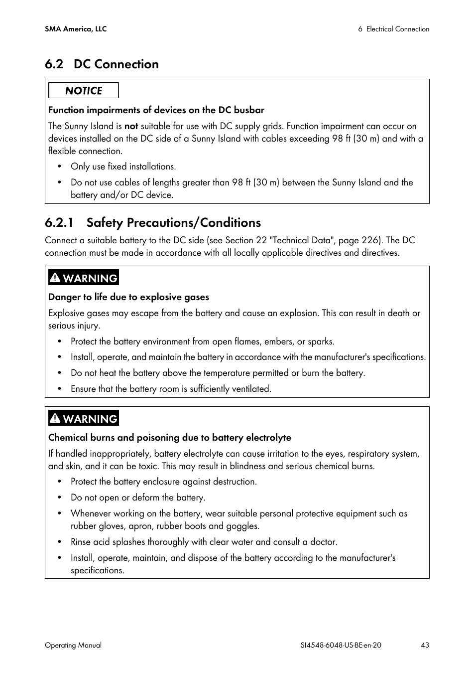 2 dc connection, 1 safety precautions/conditions | SMA SI 4548-US User Manual | Page 43 / 244