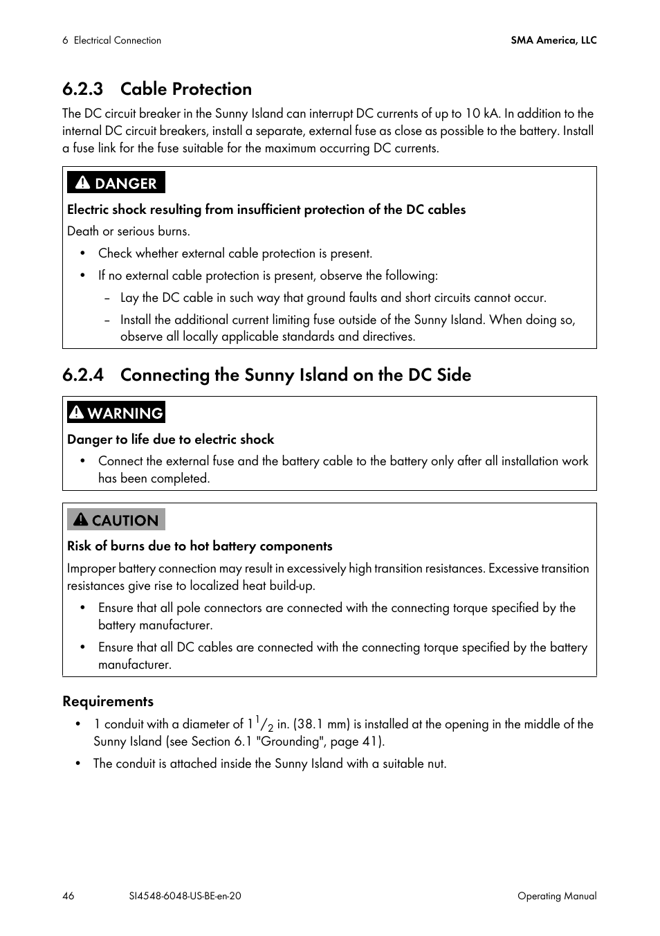 3 cable protection, 4 connecting the sunny island on the dc side | SMA SI 4548-US User Manual | Page 46 / 244