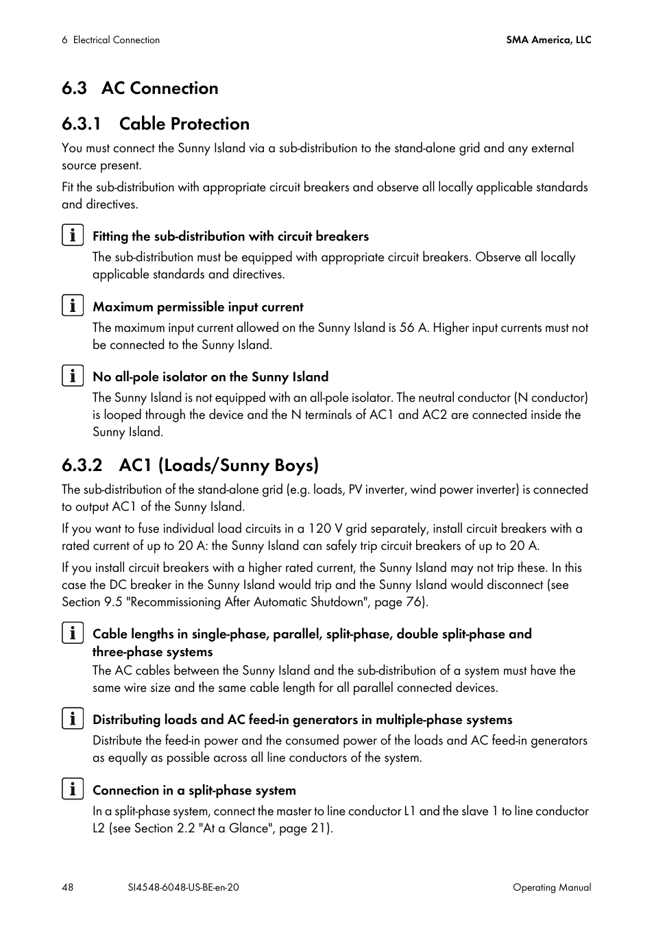 3 ac connection, 1 cable protection, 2 ac1 (loads/sunny boys) | 1 cable protection 6.3.2 ac1 (loads/sunny boys), 3 ac connection 6.3.1 cable protection | SMA SI 4548-US User Manual | Page 48 / 244