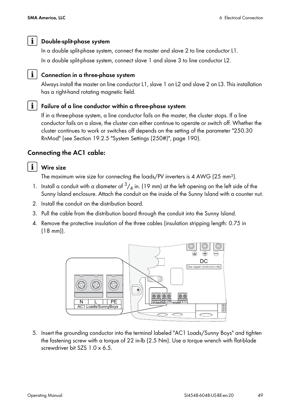 Connecting the ac1 cable | SMA SI 4548-US User Manual | Page 49 / 244