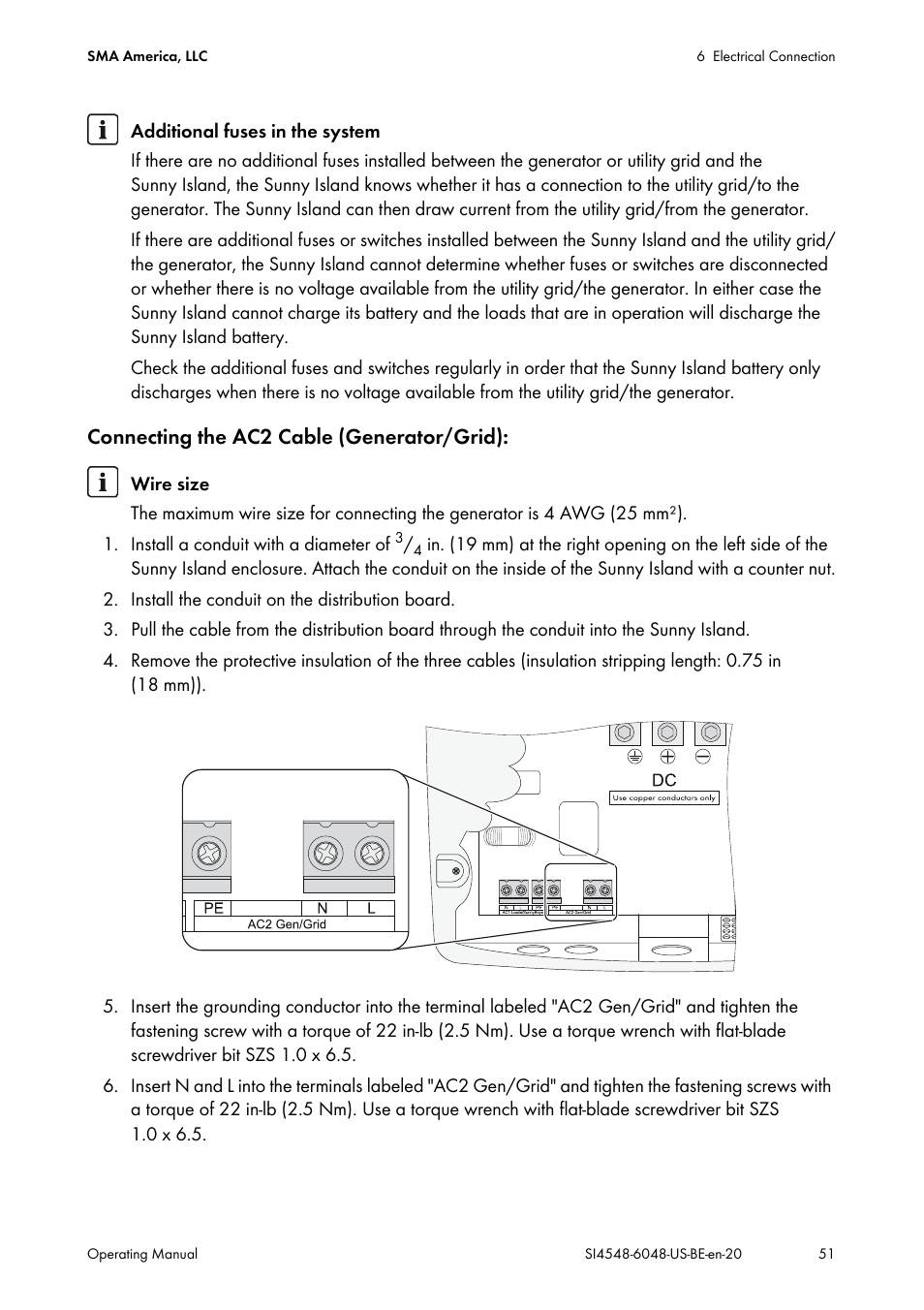 Connecting the ac2 cable (generator/grid) | SMA SI 4548-US User Manual | Page 51 / 244