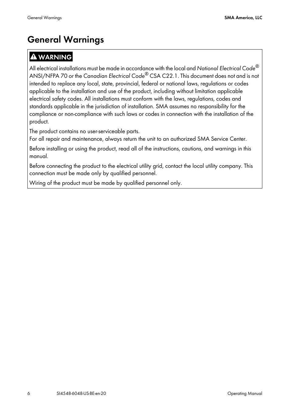 General warnings | SMA SI 4548-US User Manual | Page 6 / 244