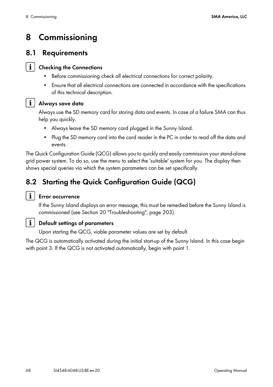 8 commissioning, 1 requirements, 2 starting the quick configuration guide (qcg) | SMA SI 4548-US User Manual | Page 68 / 244