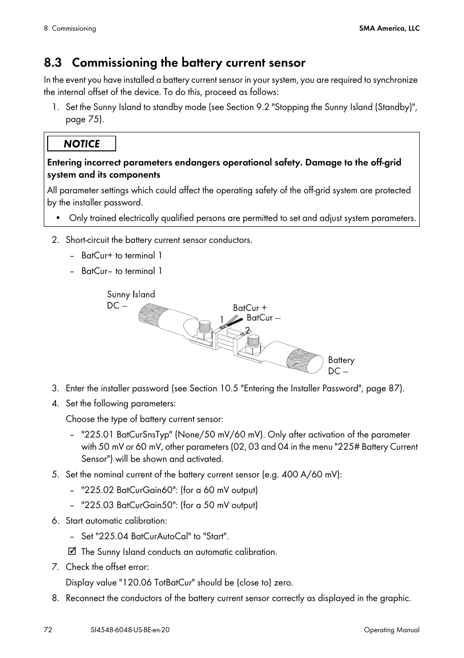 3 commissioning the battery current sensor | SMA SI 4548-US User Manual | Page 72 / 244