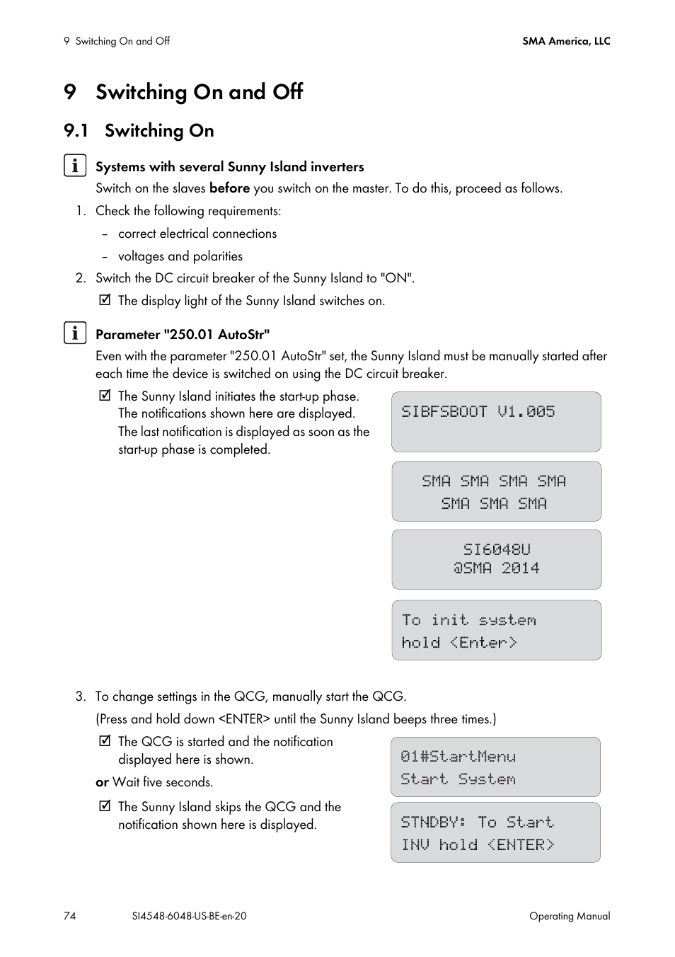 9 switching on and off, 1 switching on | SMA SI 4548-US User Manual | Page 74 / 244