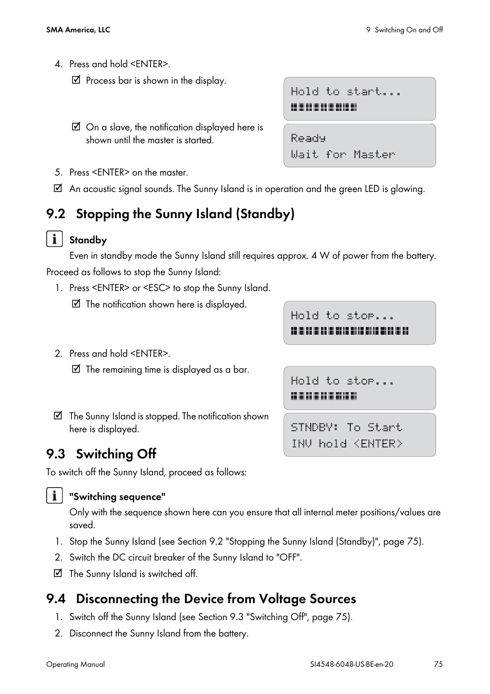 2 stopping the sunny island (standby), 3 switching off, 4 disconnecting the device from voltage sources | SMA SI 4548-US User Manual | Page 75 / 244