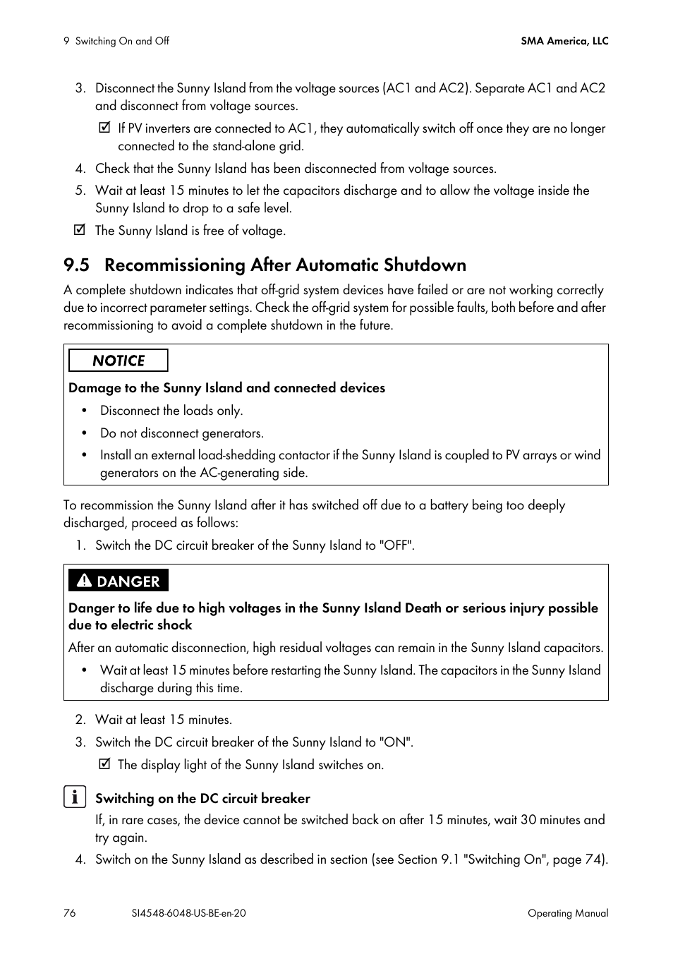 5 recommissioning after automatic shutdown | SMA SI 4548-US User Manual | Page 76 / 244